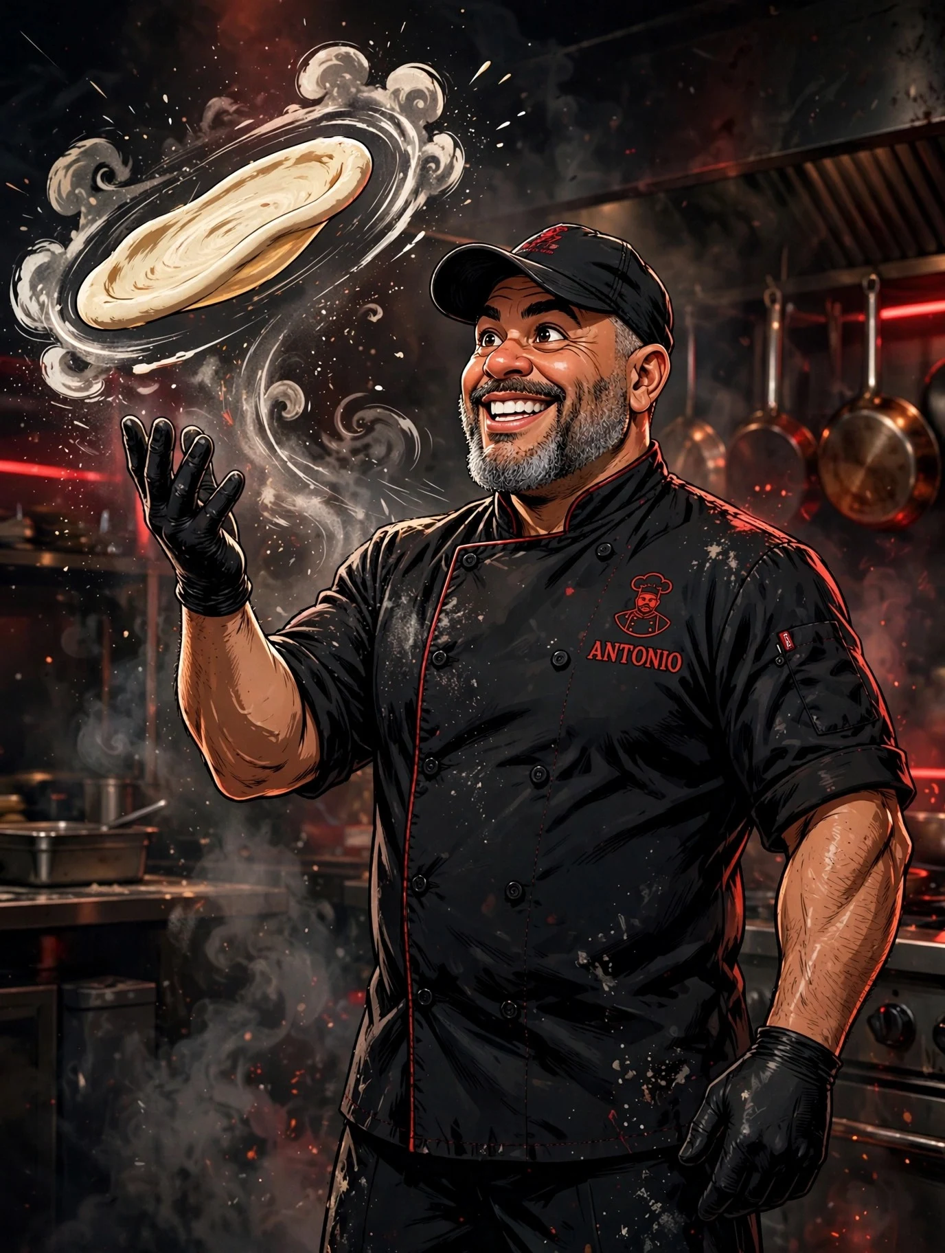 Antonio — the Psycho Chef crew's Italian chef: short and built, salt-and-pepper beard, black cap and black chef coat with his name embroidered in red, tossing pizza dough high with flour in the air and a huge grin, dark smoky kitchen with red glow