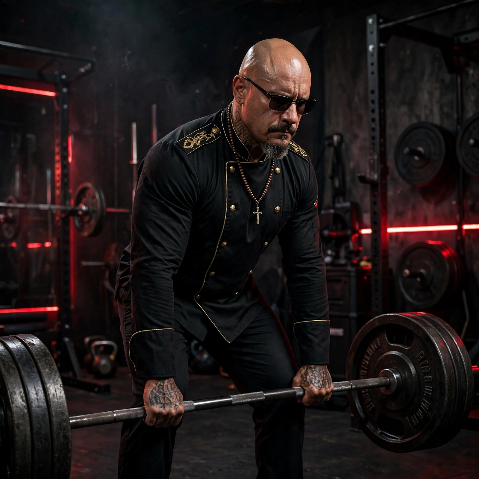 Micah Yanis deadlifting a heavy barbell in a dark, red-lit gym, wearing his black long-sleeve chef coat