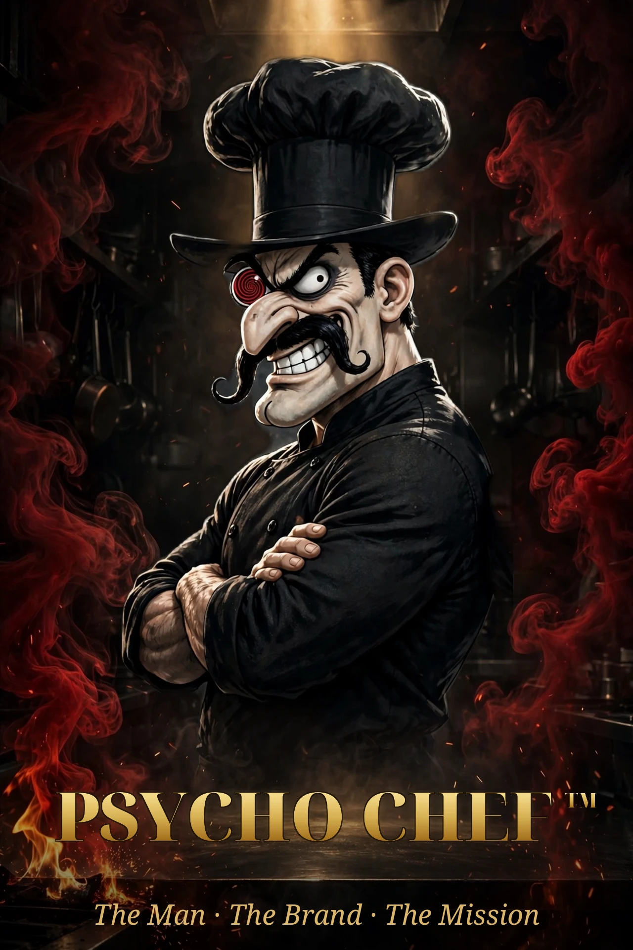 Psycho Chef — the man himself: tall black toque, curled downward mustache, red spiral in one eye, black chef coat, arms crossed, dark smoky background, PSYCHO CHEF in gold letters