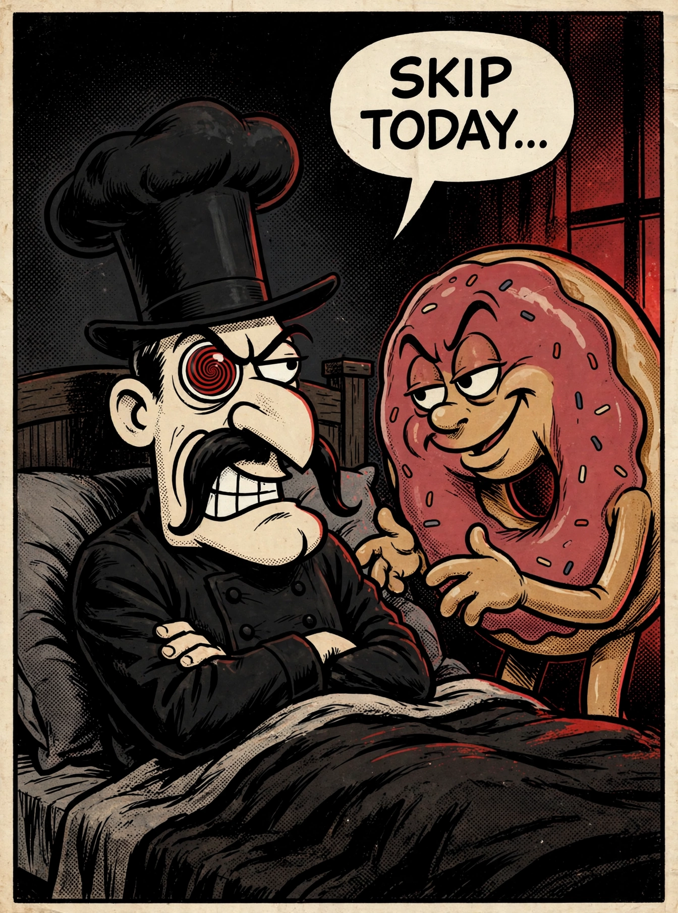 Comic panel 2: a smug cartoon donut leans in and tempts the Psycho Chef — 'Skip today... one day won't matter.'