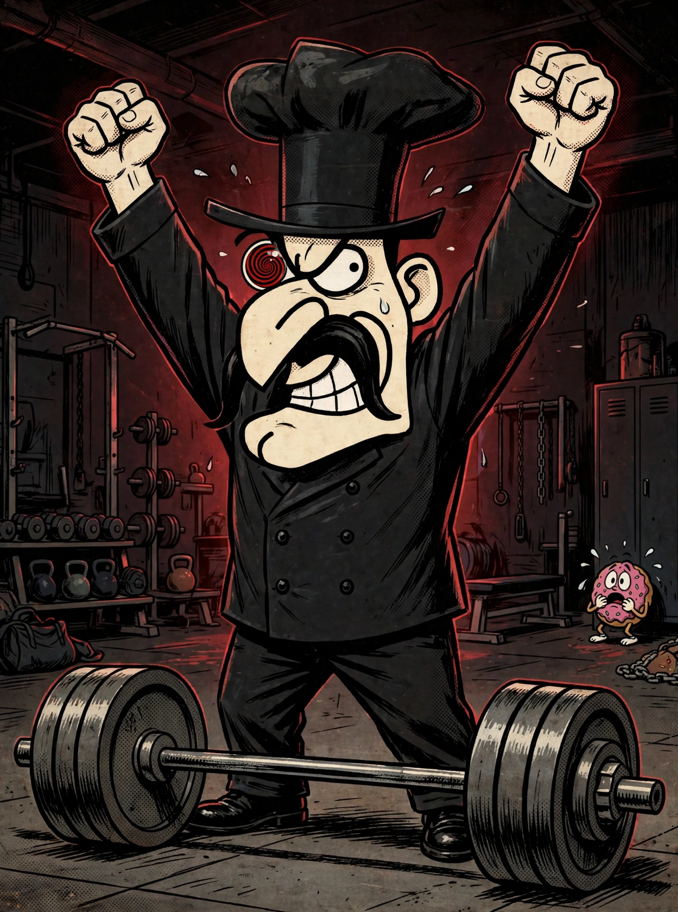 Comic panel 3: Psycho Chef stands victorious with arms raised over a heavy deadlift barbell while the donut cowers in the corner
