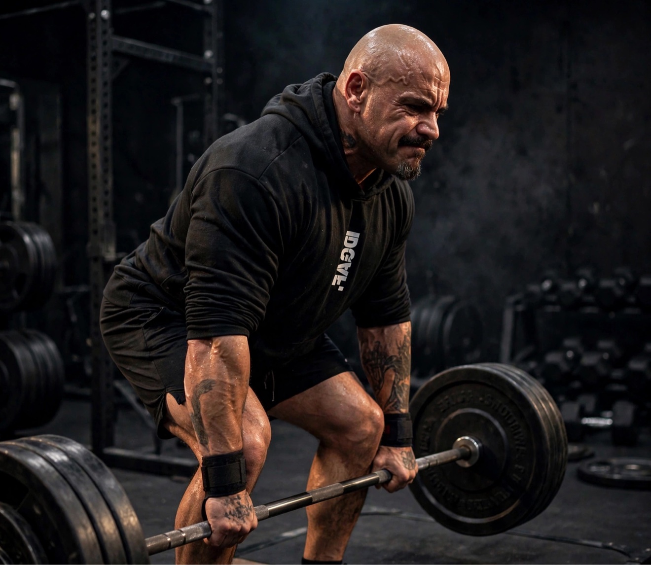Micah Yanis deadlifting a heavy loaded barbell in a dark gym, wearing a black hoodie, tattooed forearms gripping the bar