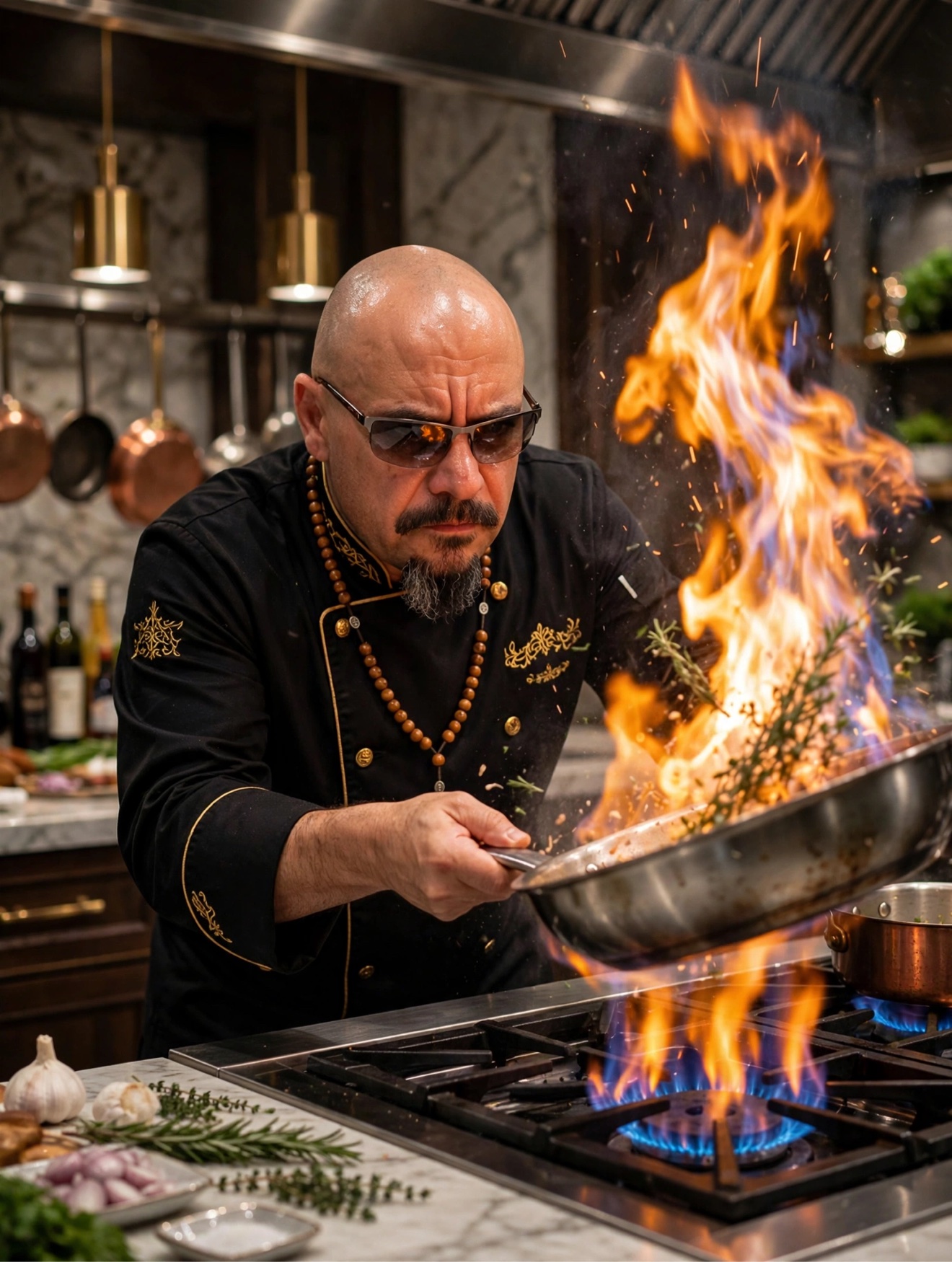 Micah Yanis in his black long-sleeve chef coat flambéing a pan over open flame in the kitchen