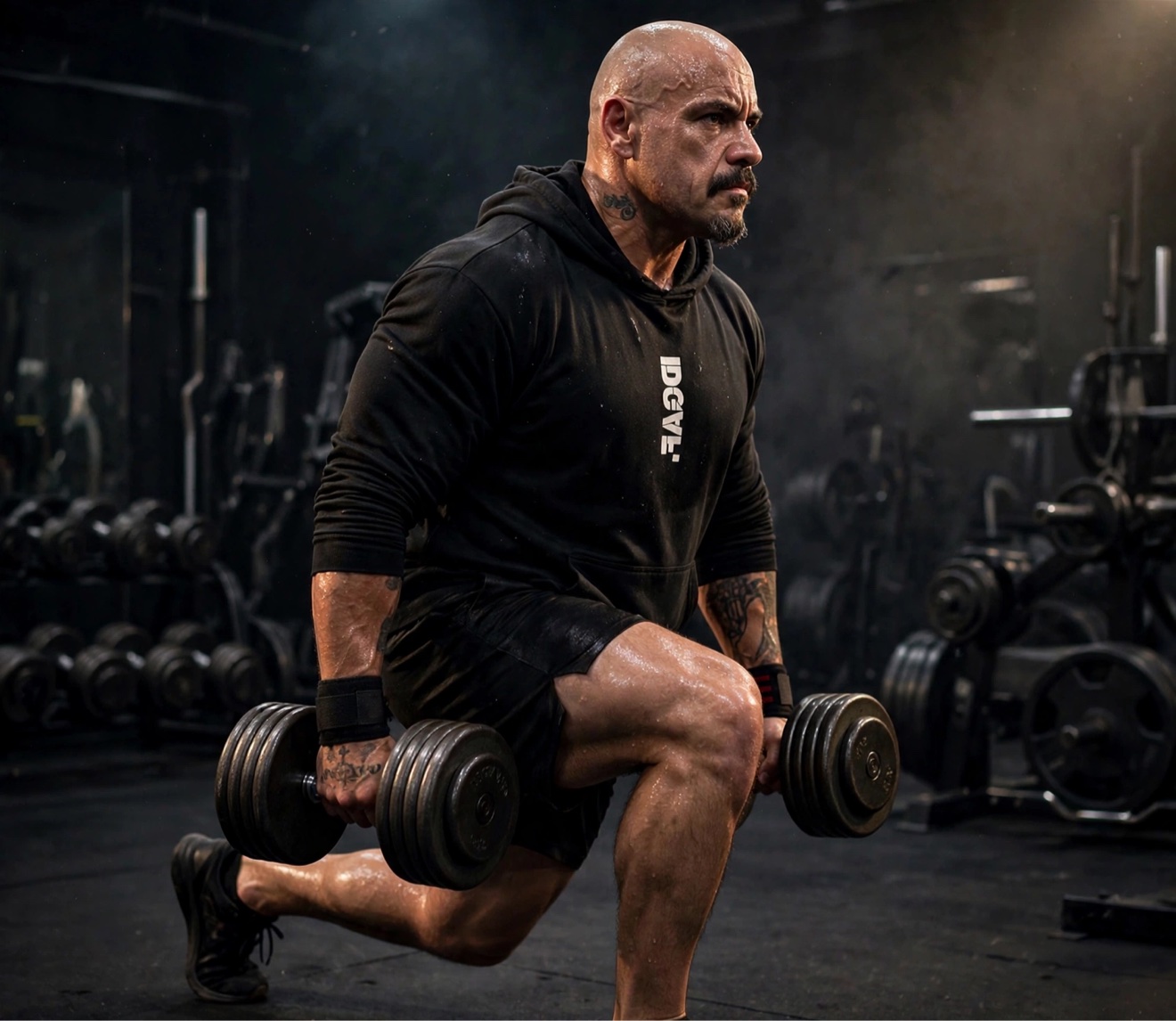 Micah Yanis doing lunges with heavy dumbbells in a dark gym